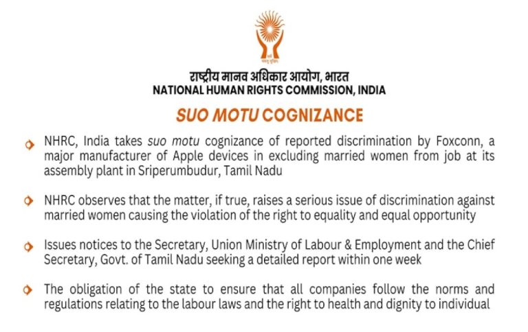 Nhrc-Takes-Suo-Motu-Cognisance-Of-Discrimination-By-Foxconn-In-Excluding-Married-Women-From-Job-At-Its-Assembly-Plant-In-Tamil-Nadu